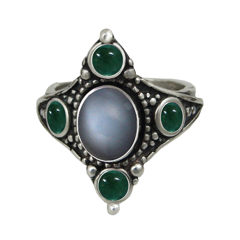 Sterling Silver Renaissance Queen's Ring With Grey Moonstone And Fluorite Size 9